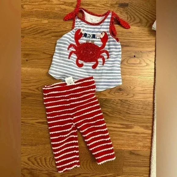Mud Pie Crab Applique Blue Stripe Sleeveless top and red pants - Picture 1 of 12